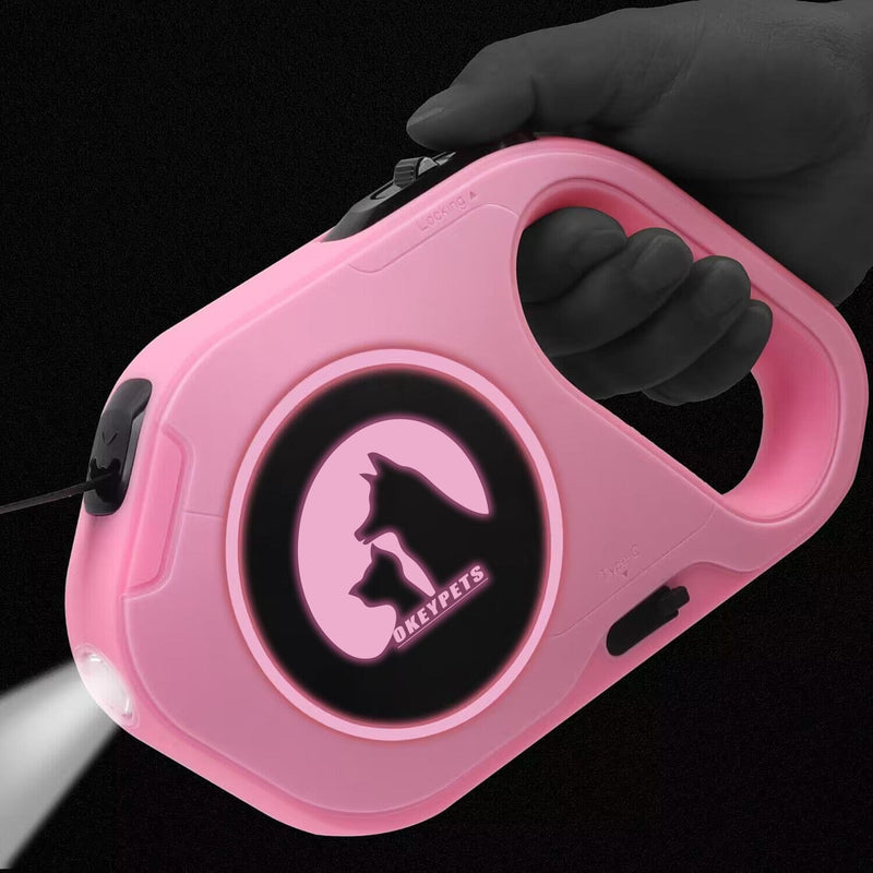 OKEYPETS LED Retractable Dog Leash,Dog Leash Retractable with Flashlight,16 FT Heavy Dog Leash for Small Medium Large Dog.Pink Retractable Dog Leash