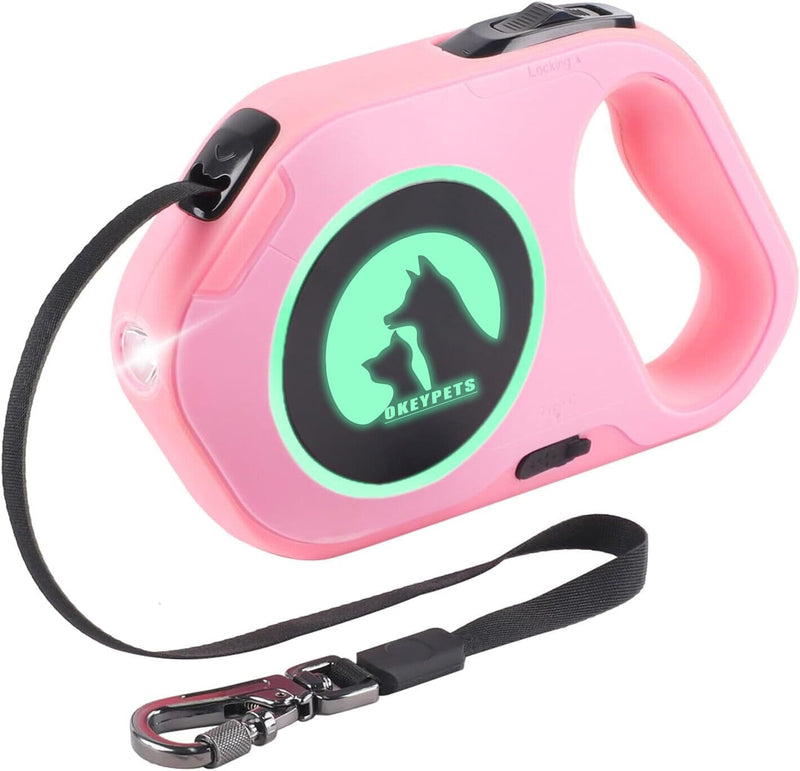 OKEYPETS LED Retractable Dog Leash,Dog Leash Retractable with Flashlight,16 FT Heavy Dog Leash for Small Medium Large Dog.Pink Retractable Dog Leash